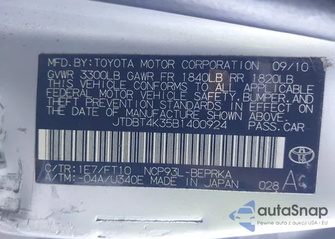 2011 Toyota Yaris z USA, uszkodzony, nr VIN JTDBT4K35B1400924